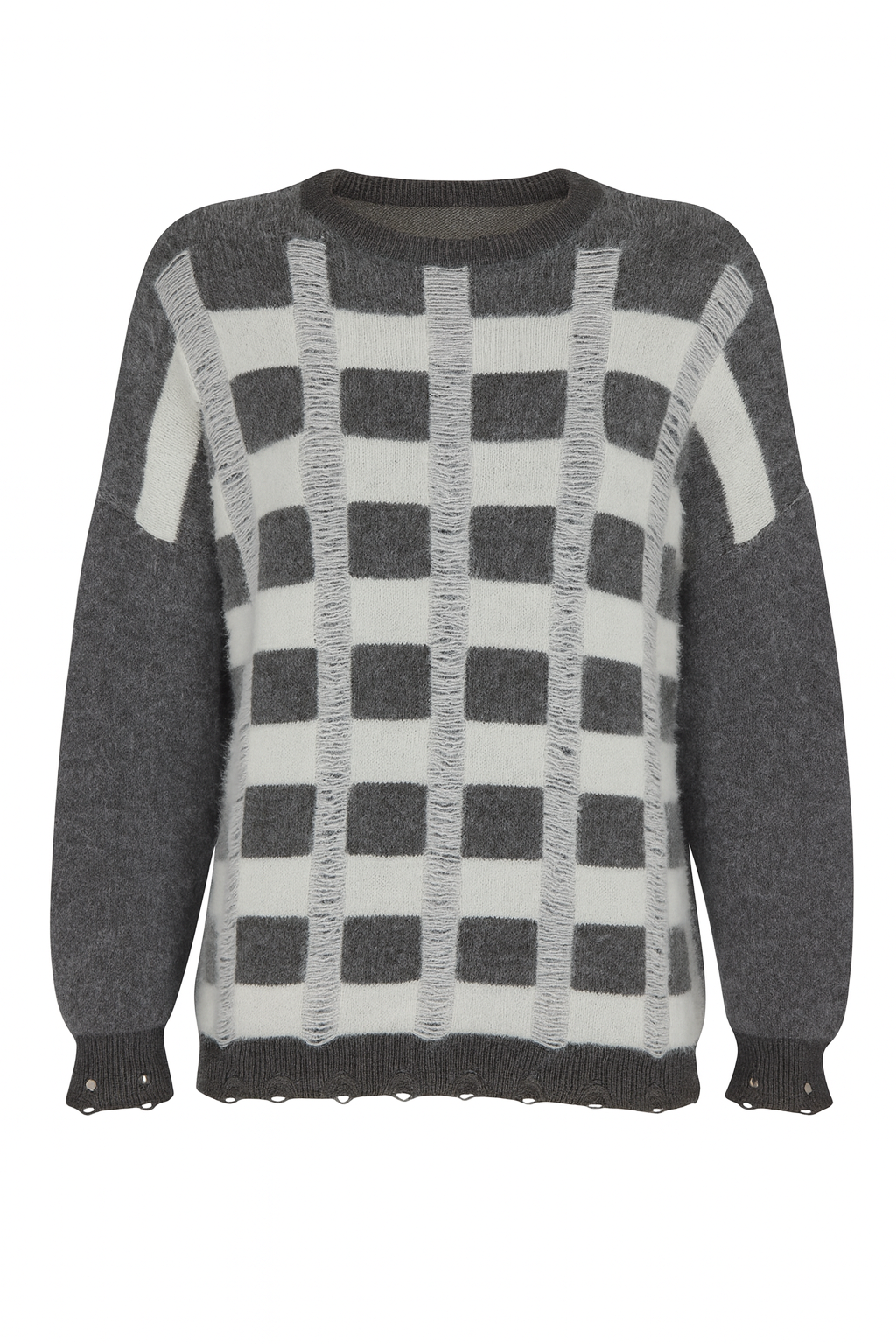 MinoraLady Kadın Soft Kare Desen Oversize Yumuşak Dokulu Sakallı Triko Kazak Gri