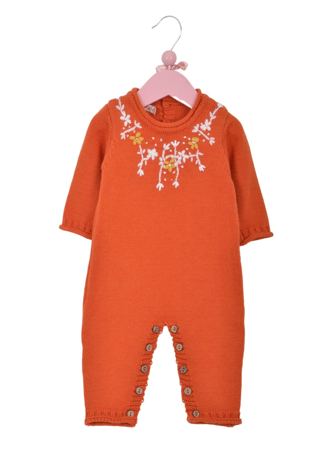 Triko Kışlık Kız Bebek Çiçek Oyalı Tulum oranj
