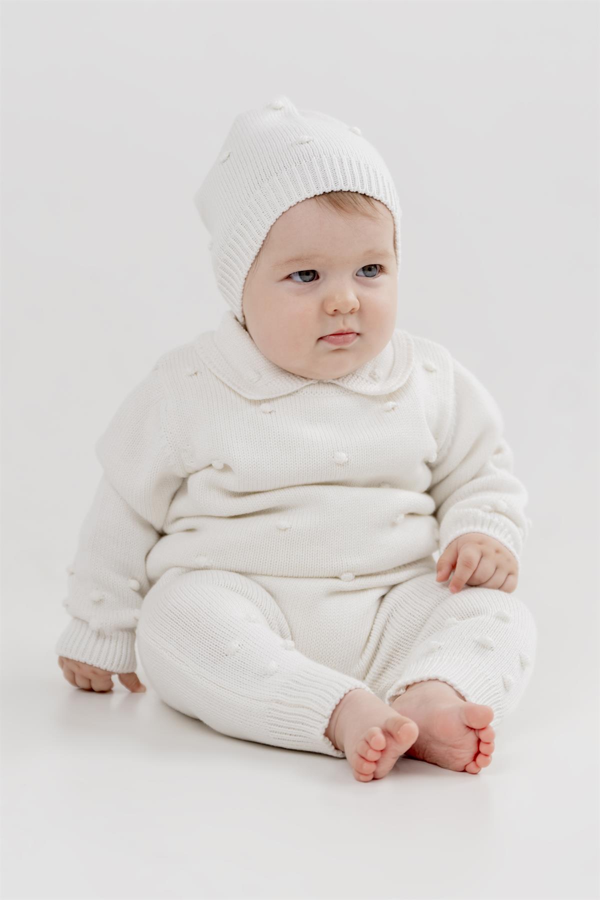 Unisex Bebek Gömlek Yaka Ponponlu 3Lü Takım  KEMİK