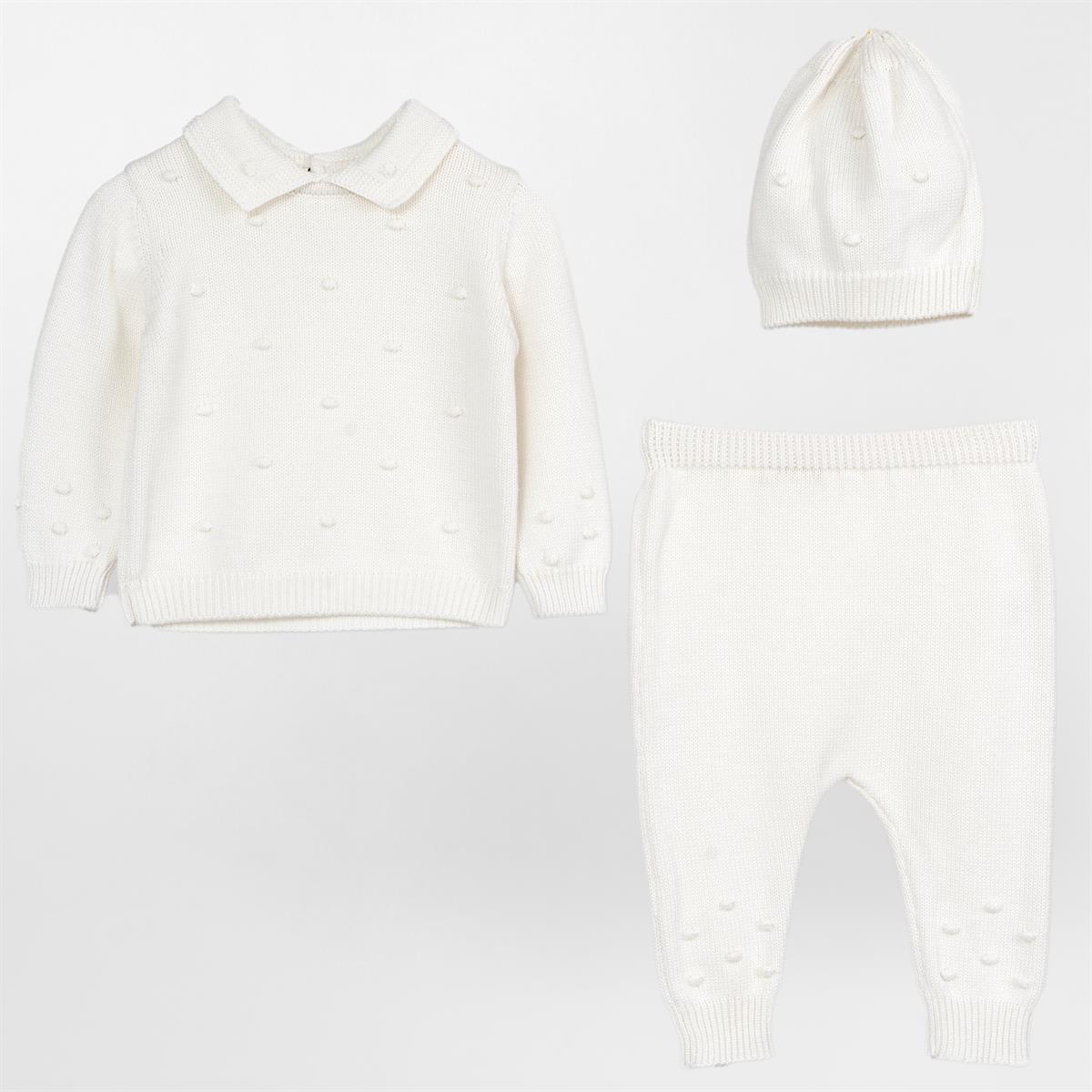Unisex Bebek Gömlek Yaka Ponponlu 3Lü Takım  KEMİK