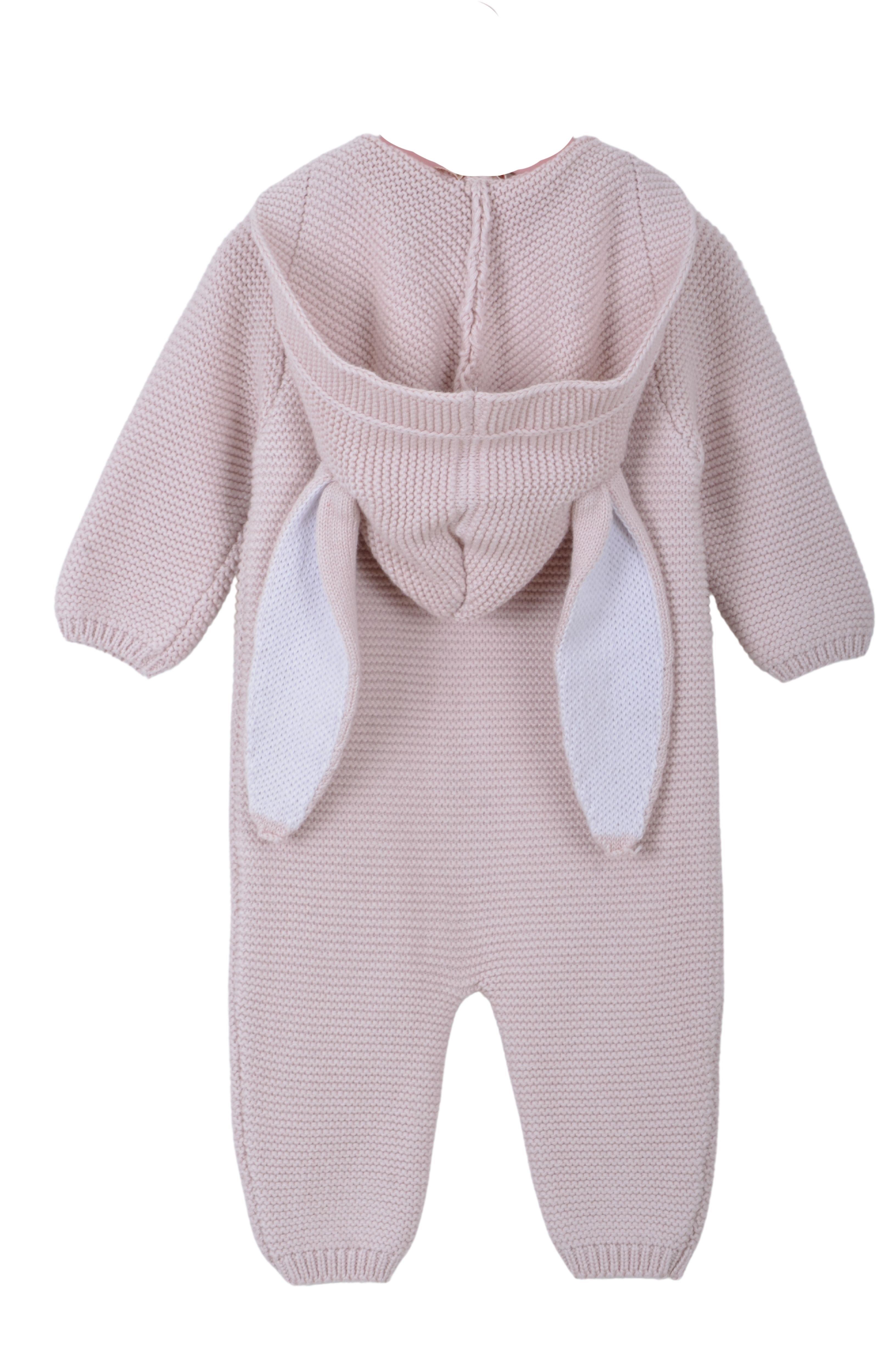 Unisex Triko Tavşan Kulaklı Kapşonlu Bebek Tulumu Pudra