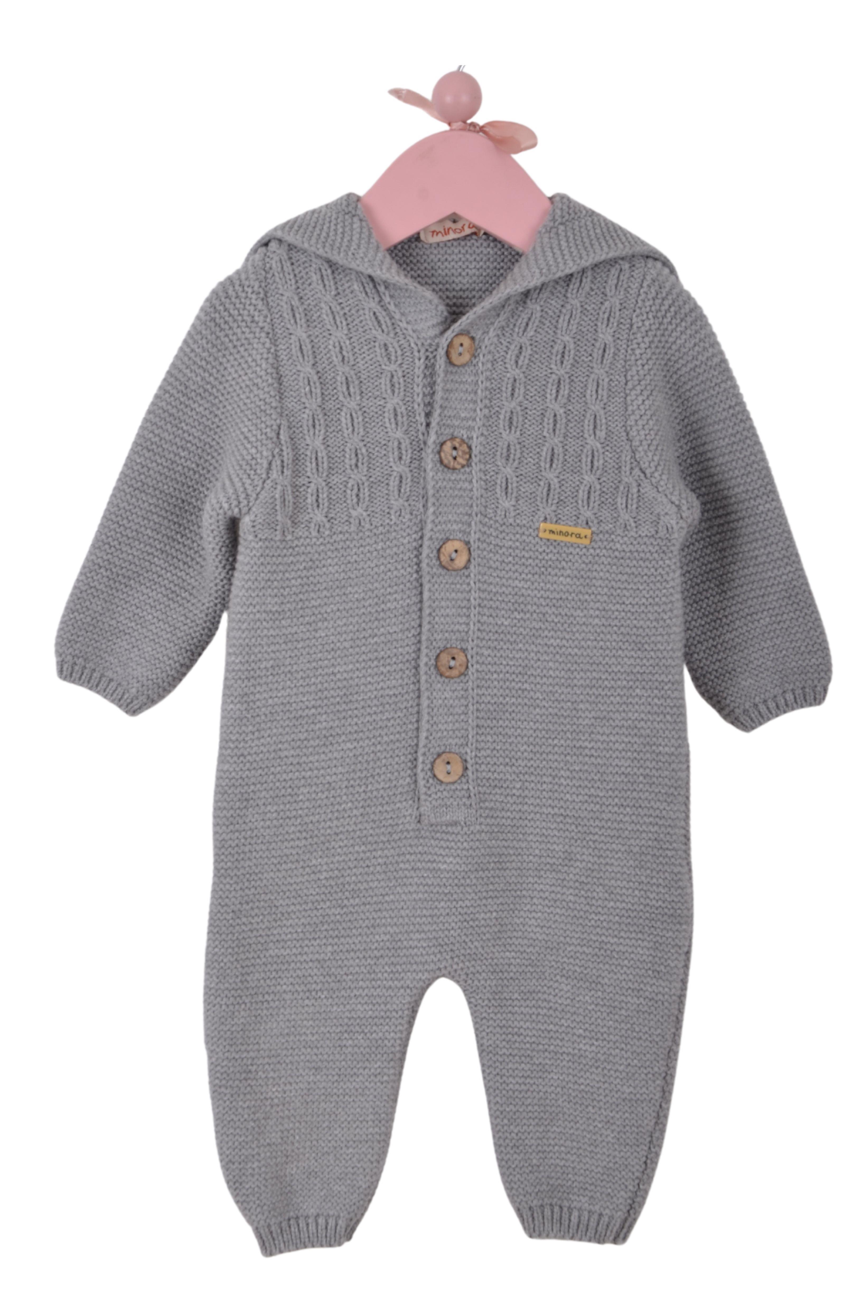 Unisex Triko Tavşan Kulaklı Kapşonlu Bebek Tulumu Gri