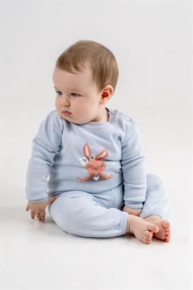  Tavşan Desen İnce Triko Takım Bebe Mavi