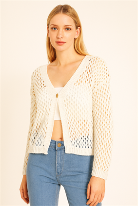 %100 Pamuk Kadın Ajurlu Hırka Kemik