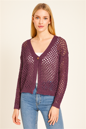 %100 Pamuk Kadın Ajurlu Hırka MOR