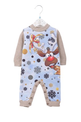 Geyik Baskı Triko Tulum BEJ