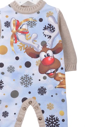 Geyik Baskı Triko Tulum BEJ