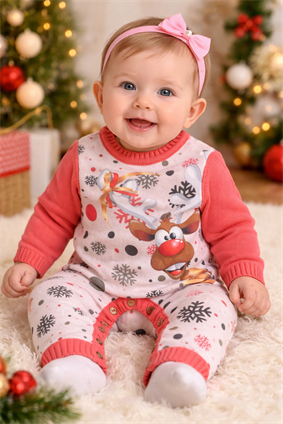 Geyik Baskı Triko Tulum Mercan