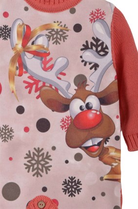 Geyik Baskı Triko Tulum Mercan