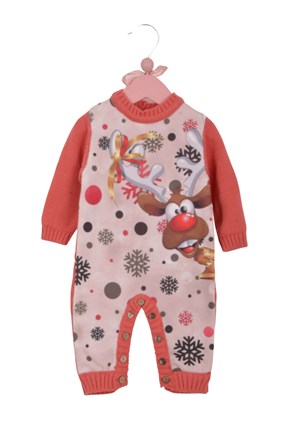 Geyik Baskı Triko Tulum Mercan