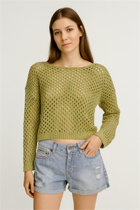 Kadın %100 Pamuk Ajurlu Kazak Fıstık Yeşili