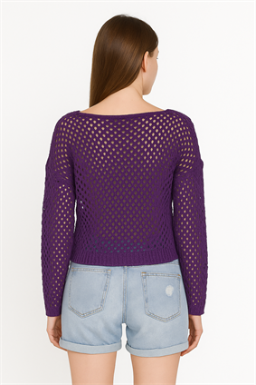 Kadın %100 Pamuk Ajurlu Kazak Mor