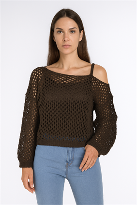 Kadın Omuz Askılı Ajurlu Kazak Kahverengi