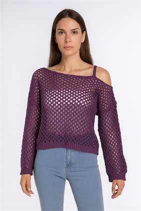 Kadın Omuz Askılı Ajurlu Kazak Mor