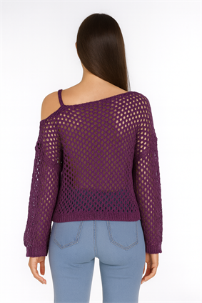 Kadın Omuz Askılı Ajurlu Kazak Mor