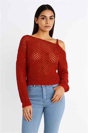 Kadın Omuz Askılı Ajurlu Kazak Oranj