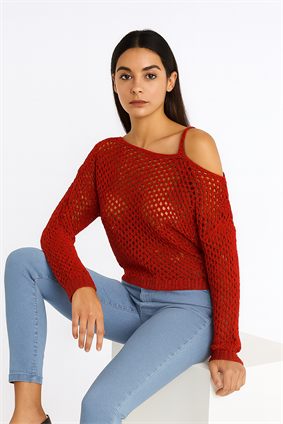 Kadın Omuz Askılı Ajurlu Kazak Oranj