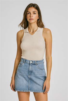 Kadın Polo Yaka Fitilli Triko Body BEJ