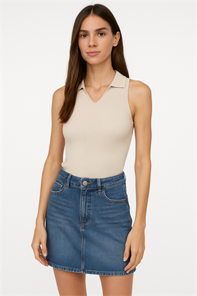 Kadın Polo Yaka Fitilli Triko Body BEJ