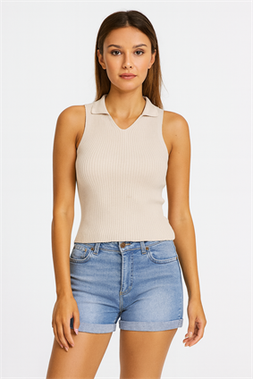 Kadın Polo Yaka Fitilli Triko Body BEJ