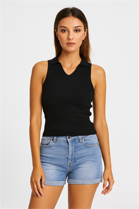 Kadın Polo Yaka Fitilli Triko Body Siyah