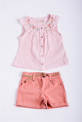 (Moonstar) Kız Çocuk Çiçek Nakışlı Gömlek- Şort Takım