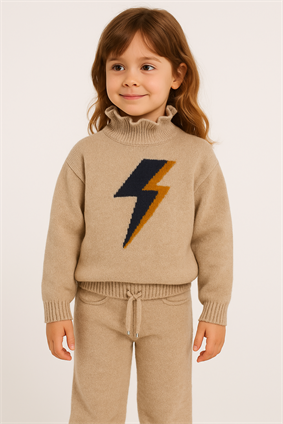 Kız Çocuk Triko Bej Şimşek Desen Pantolonlu Takım