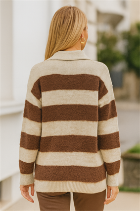 MinoraLady Kadın Bej Polo Yaka Çizgili Sakallı Kazak