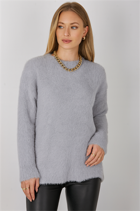 MinoraLady Kadın Gri Bisiklet Yaka Sakallı Oversize Yumoşak Dokulu Kazak