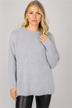 MinoraLady Kadın Gri Bisiklet Yaka Sakallı Oversize Yumoşak Dokulu Kazak