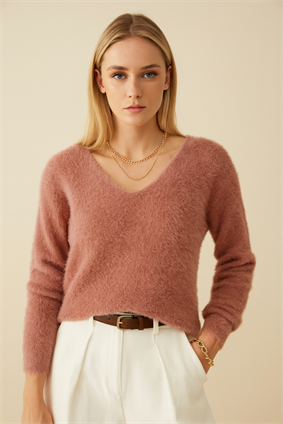 MinoraLady Kadın Gül Kurusu  V Yaka  Sakallı  Triko Kazak Standart 