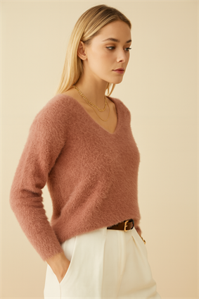 MinoraLady Kadın Gül Kurusu  V Yaka  Sakallı  Triko Kazak Standart 