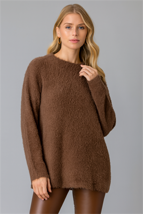 MinoraLady Kadın Kahve Bisiklet Yaka Sakallı Oversize Yumoşak Dokulu Kazak