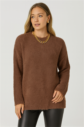 MinoraLady Kadın Kahve Bisiklet Yaka Sakallı Oversize Yumoşak Dokulu Kazak