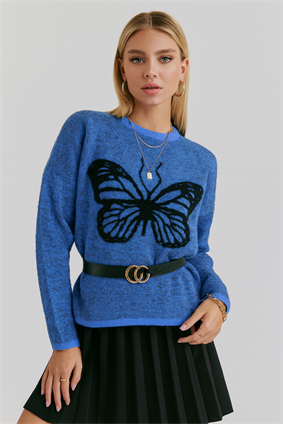 MinoraLady Kadın Kelebek Desen Gri Triko Sakallı MAVİ