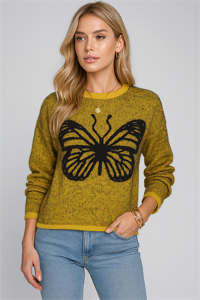 MinoraLady Kadın Kelebek Desen Gri Triko Sakallı SARI