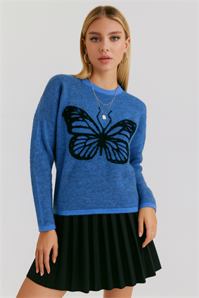 MinoraLady Kadın Kelebek Desen Gri Triko Sakallı MAVİ