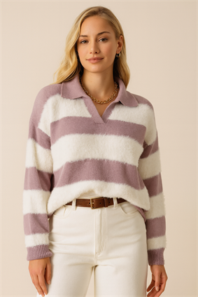 MinoraLady Kadın Lila Polo Yaka Çizgili Sakallı Kazak