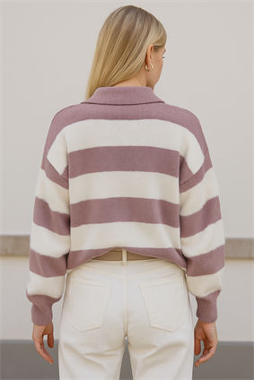 MinoraLady Kadın Lila Polo Yaka Çizgili Sakallı Kazak