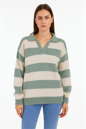 MinoraLady Kadın Mint Polo Yaka Çizgili Sakallı Kazak