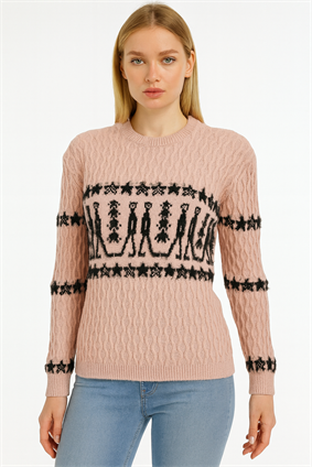 MinoraLady Kadın Nordic Figure Desenli Örgü Triko Sakallı Kazak  Pembe