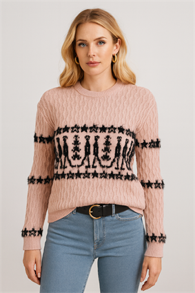 MinoraLady Kadın Nordic Figure Desenli Örgü Triko Sakallı Kazak  Pembe