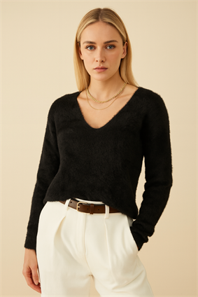 MinoraLady Kadın Siyah V Yaka  Sakallı  Triko Kazak Standart 