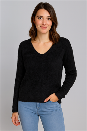 MinoraLady Kadın Siyah V Yaka  Sakallı  Triko Kazak Standart 
