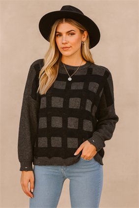 MinoraLady Kadın Soft Kare Desen Oversize Yumuşak Dokulu Sakallı Triko Kazak Antrasit