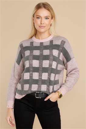 MinoraLady Kadın Soft Kare Desen Oversize Yumuşak Dokulu Sakallı Triko Kazak PEDRA-GRİ