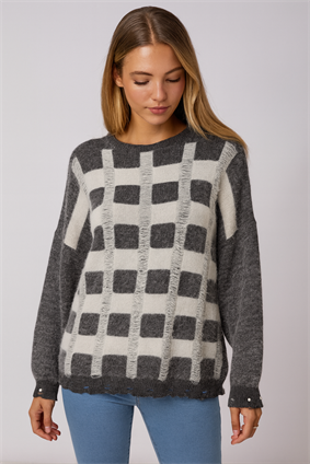 MinoraLady Kadın Soft Kare Desen Oversize Yumuşak Dokulu Sakallı Triko Kazak Gri