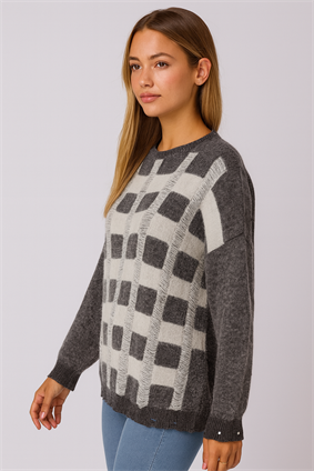MinoraLady Kadın Soft Kare Desen Oversize Yumuşak Dokulu Sakallı Triko Kazak Gri