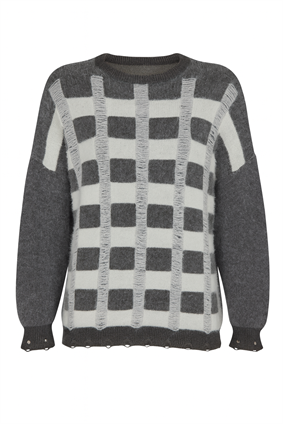 MinoraLady Kadın Soft Kare Desen Oversize Yumuşak Dokulu Sakallı Triko Kazak Gri