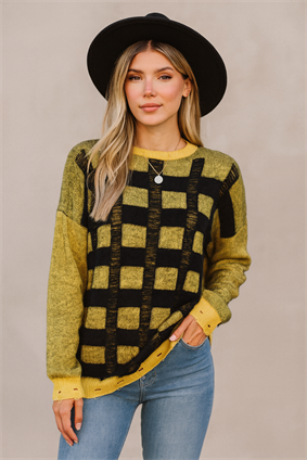 MinoraLady Kadın Soft Kare Desen Oversize Yumuşak Dokulu Sakallı Triko Kazak Sarı-Siyah